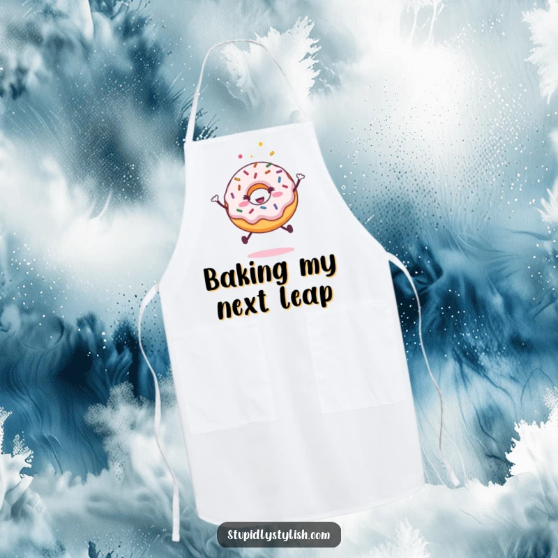 Funny apron design of an ecstatic donut with sprinkles making a happy leap, perfect for adding cheer to cooking.