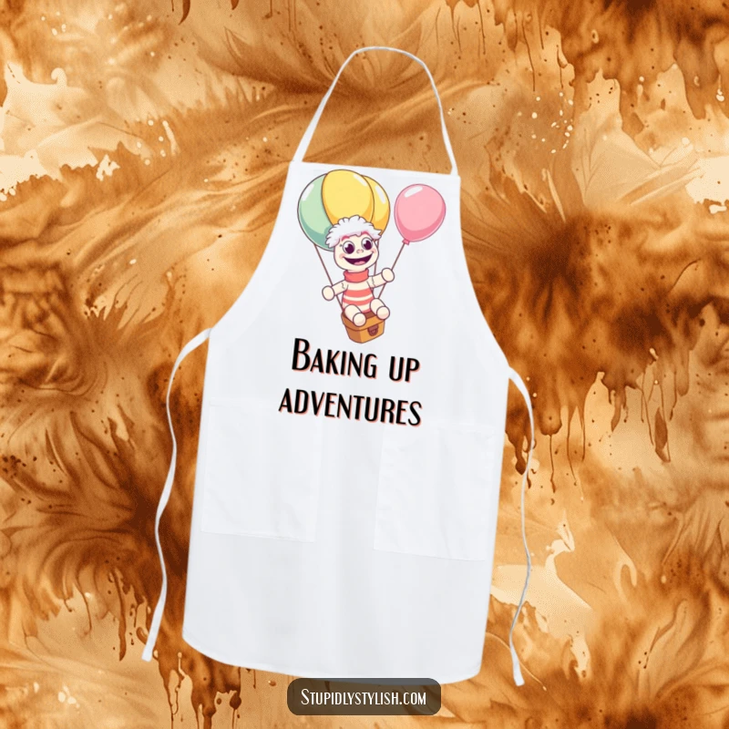 Funny apron showcasing a sock puppet giggling while riding a giant balloon, eyes wide. Ideal for cooks who love humor.