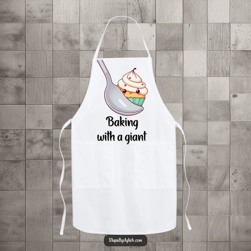 Funny shy cupcake apron showing a cupcake hiding behind a giant spoon, adding a layer of humor and cuteness to kitchen activities.