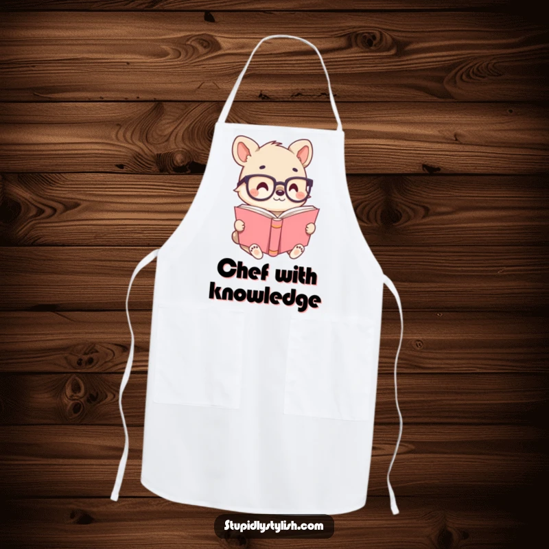 Cute animal character wearing tiny glasses, reading a giant book, symbolizing knowledge and humor on a kitchen apron.