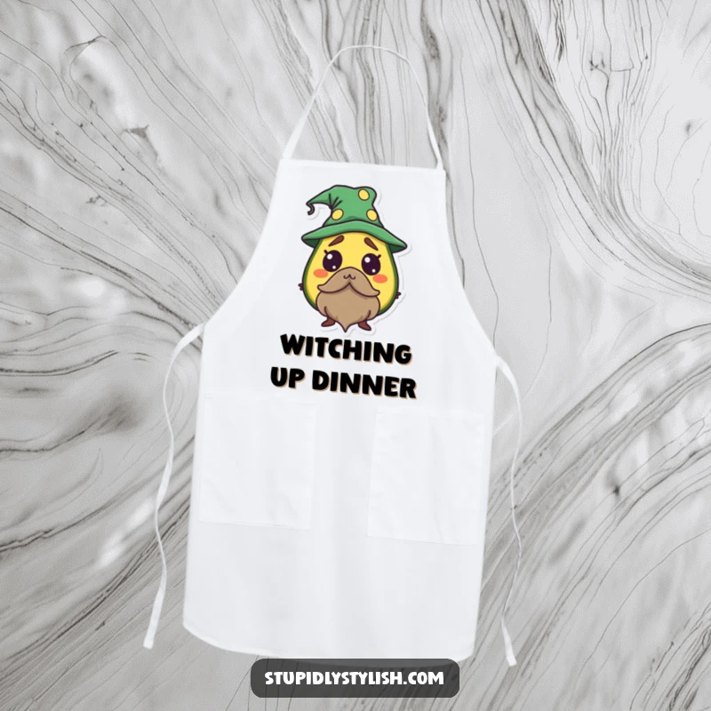 Funny Avocado Wizard Apron showing a startled avocado dressed as a wizard, making kitchen tasks magical.