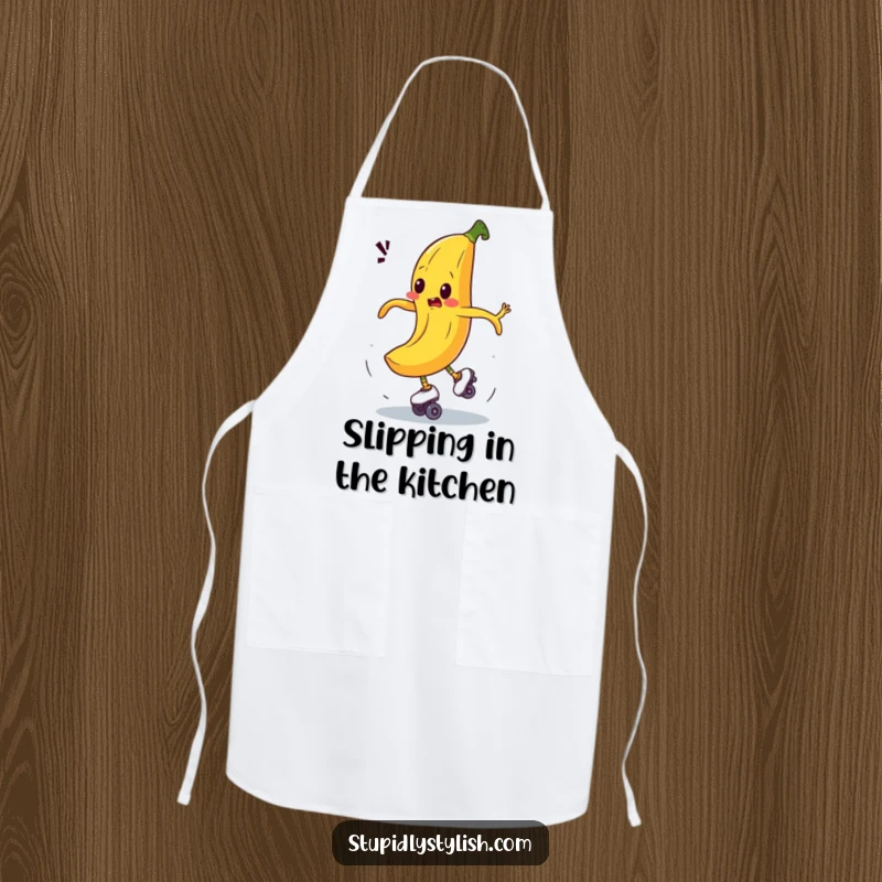 Funny apron showing a bewildered banana comically spinning out of control on roller skates, perfect for messy activities with a humorous twist.