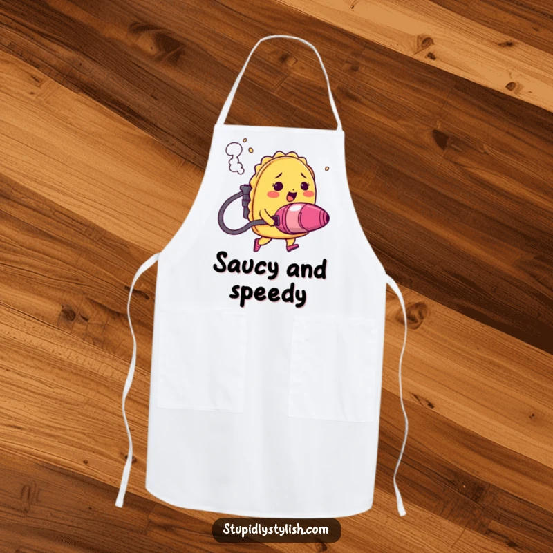 Funny apron showing a blushing taco using a vacuum cleaner as a jetpack, with smoke billowing, a comically adventurous kitchen accessory.