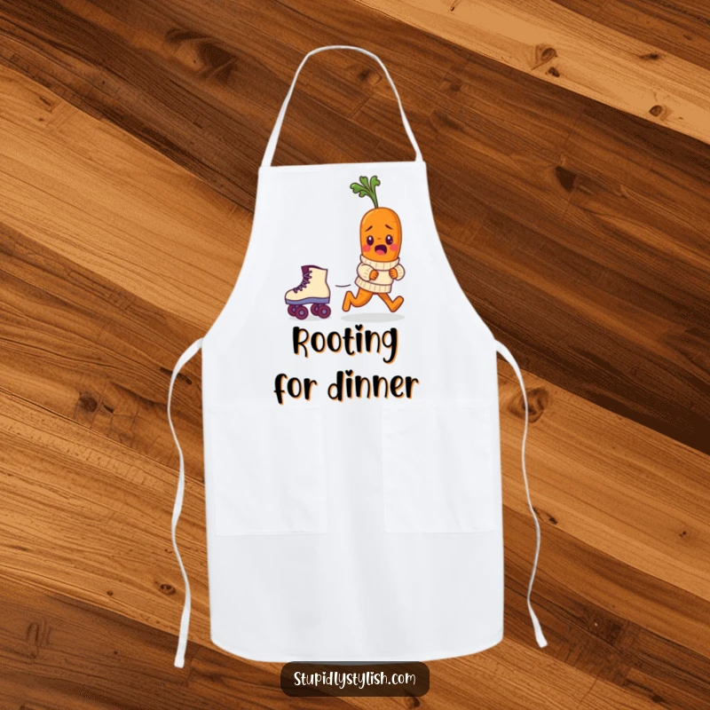 Funny apron depicting a bewildered baby carrot in a sweater chasing a runaway roller skate, adding cartoon humor to the kitchen.