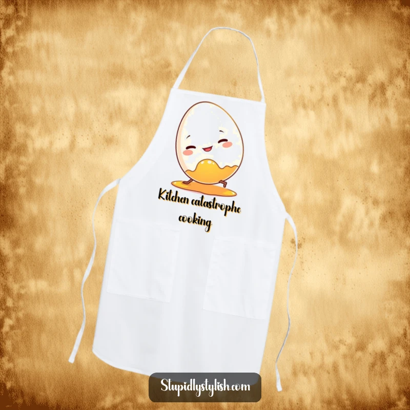 Funny apron with a clumsy egg character tripping over its yolky disaster. A humorous kitchen essential.