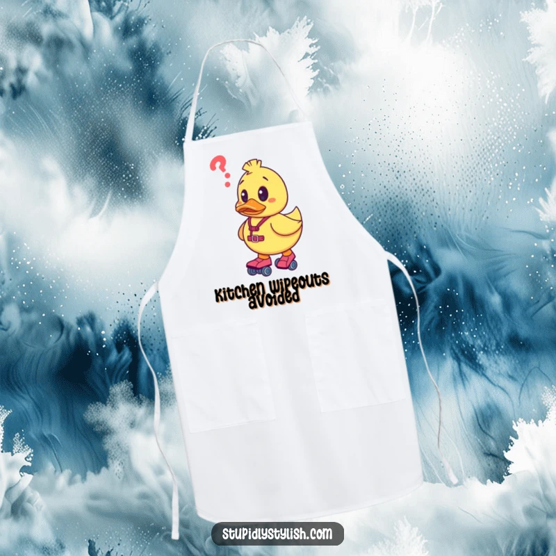 Funny apron with a confused rubber duck character on roller skates, perfect for kitchen tasks with a side of skating humor.