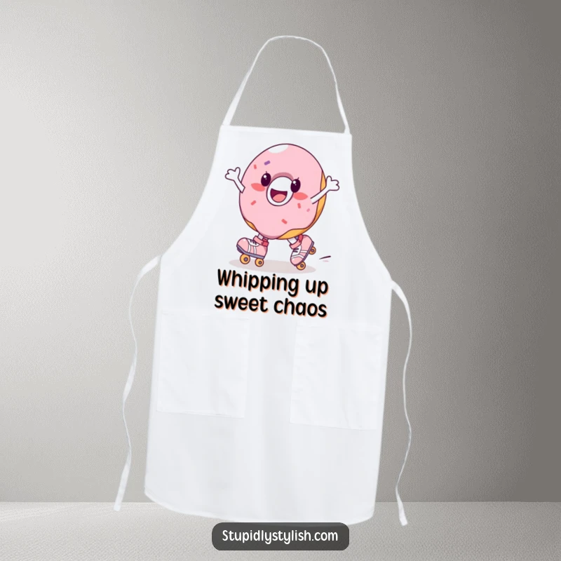 Funny apron with a joyful donut character on roller skates, spinning. Perfect for the sweet-toothed baker.