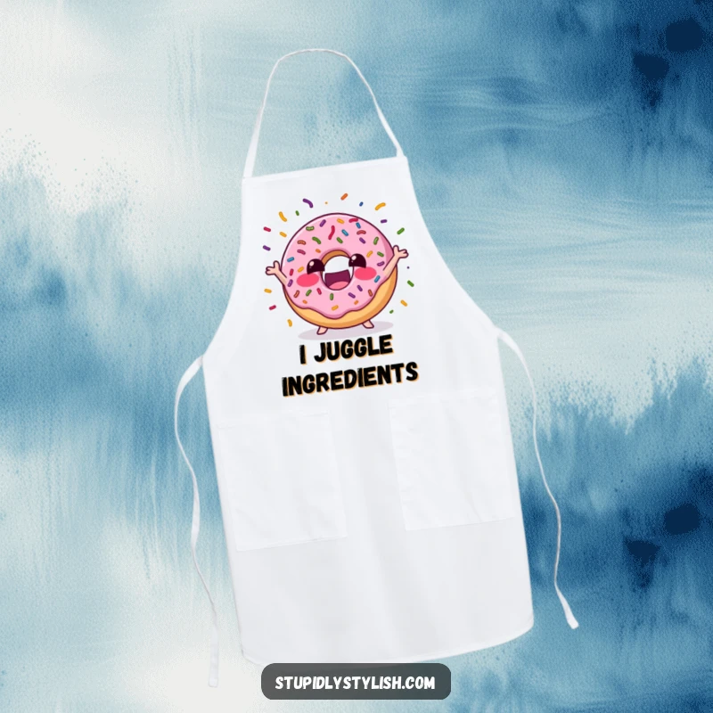 Funny Apron showcasing an excited donut juggling colorful sprinkles, adding a humorous and sweet touch to baking and kitchen activities.