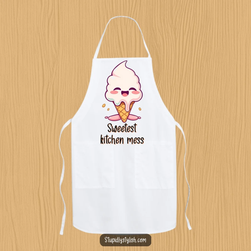 Funny apron: A giggling ice cream cone character melting dramatically, perhaps adding a sweet touch to culinary creations.