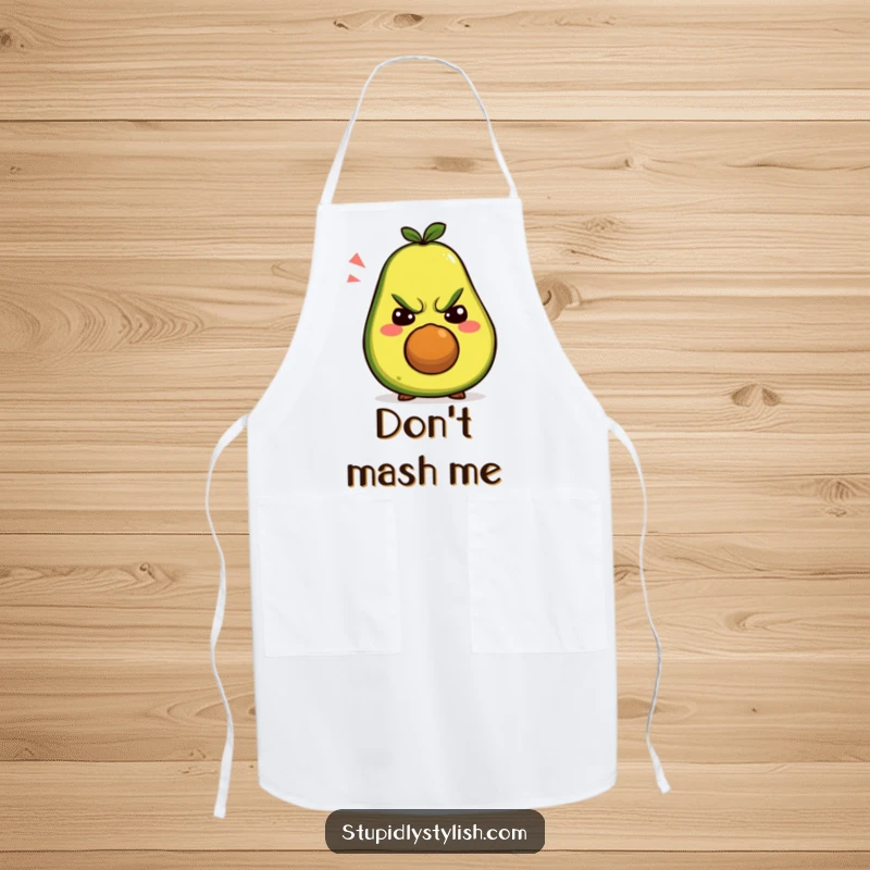 Funny apron: A grumpy avocado character exuding culinary displeasure while making a series of humorous, silly faces.