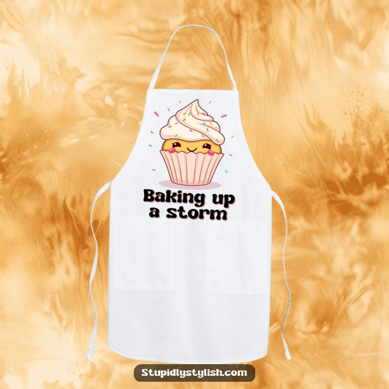 Funny apron displaying a wildly happy cupcake with sprinkles comically flying everywhere, making kitchen tasks a humorous delight.