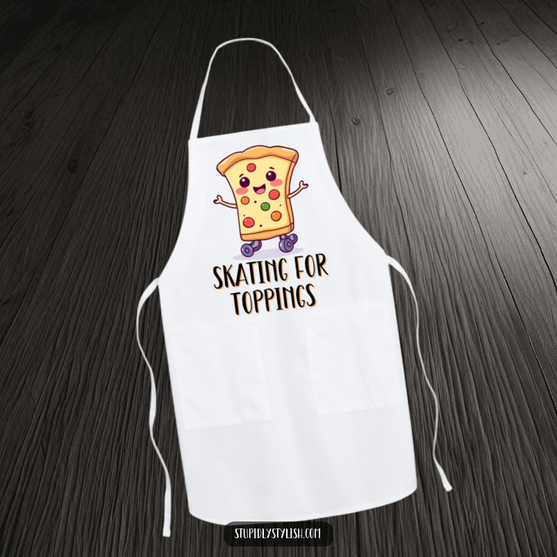 Funny smiling slice of pizza wearing tiny roller skates, a practical and humorous apron for cooks.
