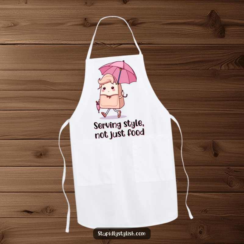 Funny apron showing a sassy handbag character strutting with a tiny, matching umbrella, a chic and humorous kitchen accessory.