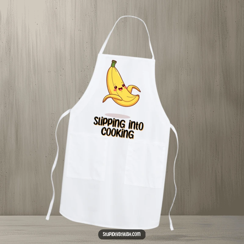 Funny Apron showcasing a silly banana dramatically slipping on a peel, adding a humorous and cartoonish touch to kitchen activities.