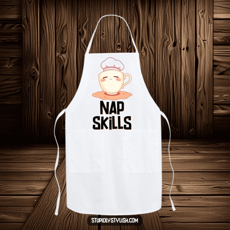 Funny apron: sleepy teacup chef wearing hat falling into a puddle, practical and humorous kitchen wear.
