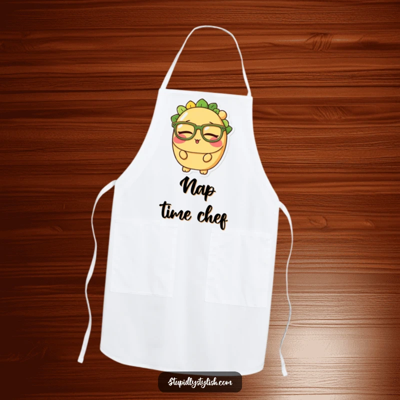 Funny apron with a sleepy taco character wearing oversized glasses, perfect for kitchen tasks when dreaming of rest.