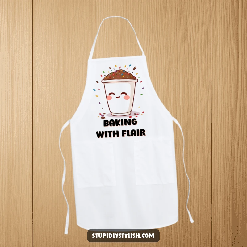 Funny apron depicting a smiling coffee cup character sneezing a shower of sprinkles, ideal for adding humor to cooking.