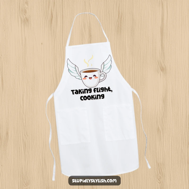 Funny apron showing a startled coffee cup with steam forming wings, perfect for protecting clothes with morning coffee humor.