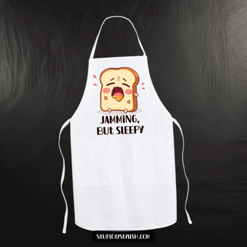 Funny Apron showcasing a tired toast character yawning widely with jam, adding a humorous and relatable touch to kitchen activities.