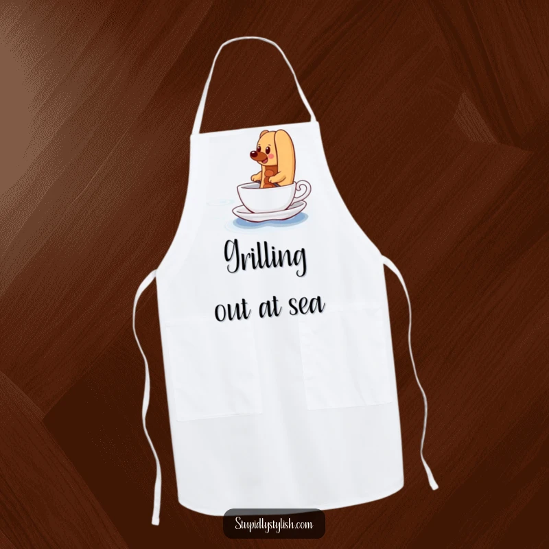 Funny Apron showcasing a determined hot dog comically paddling a teacup across a vast ocean, bringing inspiration to cooking.