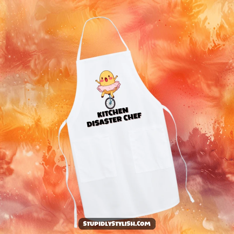 Funny, durable apron depicting a surprised potato in a ballet tutu comically falling off a unicycle.