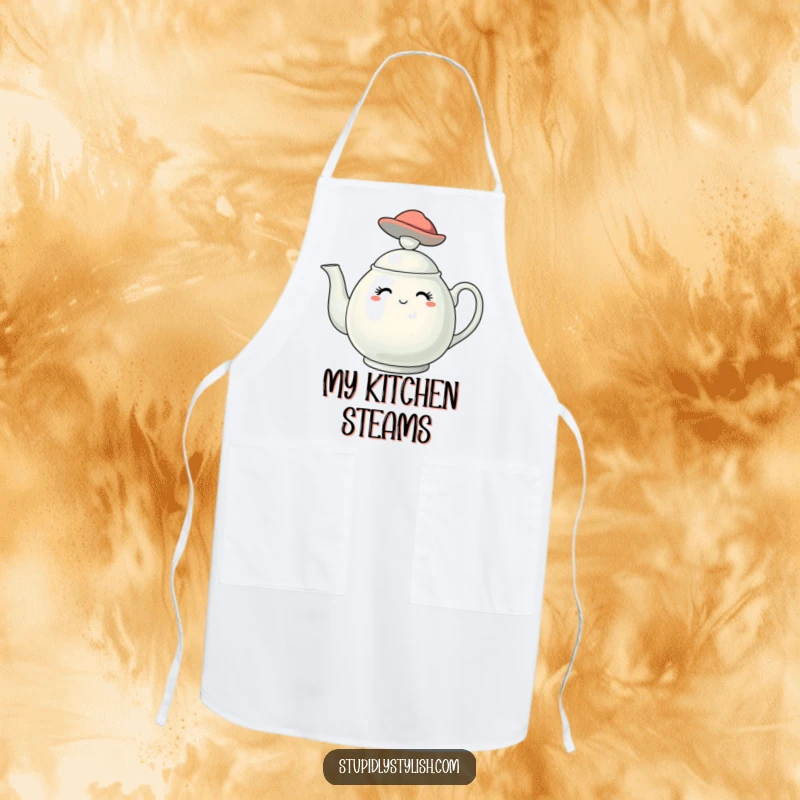 Funny apron showing a chic teapot character wearing a tiny, fashionable hat, a stylish and humorous kitchen accessory.