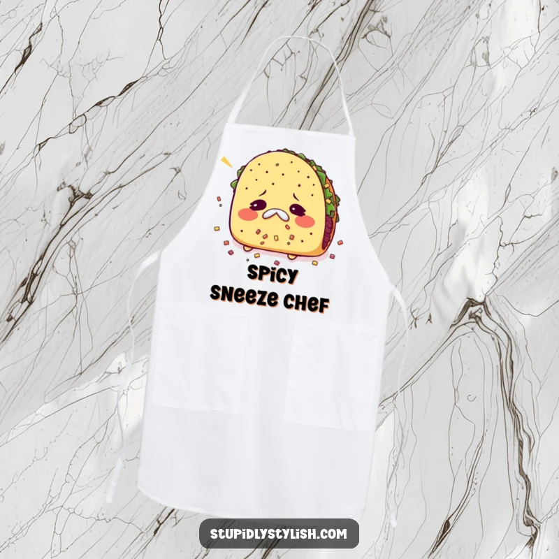 Funny apron depicting a sneeze-inducing taco scattering its fillings, adding humor to cooking and protecting clothes.