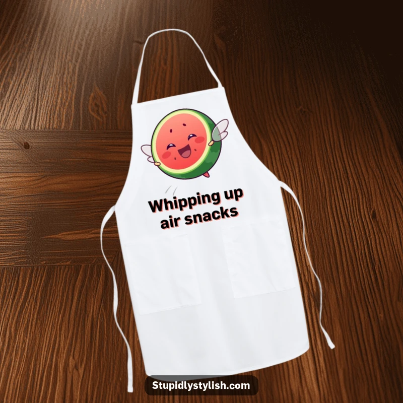 Funny apron showcasing a cheerful watermelon slice with wings, joyfully attempting to soar while you cook your favorite meals.