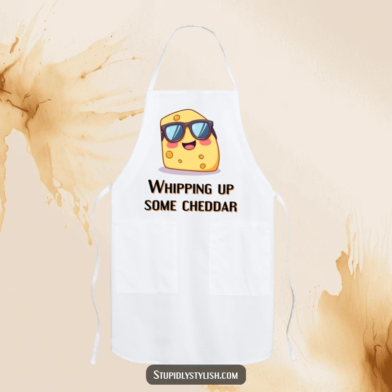 Funny apron featuring a tiny, giggling cheese wedge wearing oversized sunglasses, ready for kitchen fun and humorous cooking.