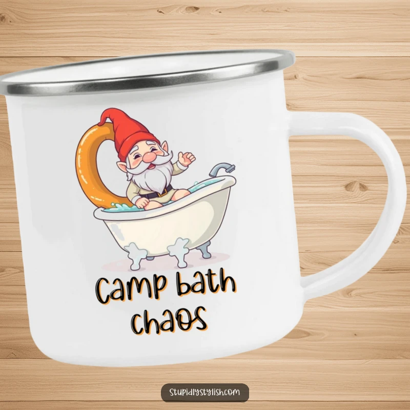 Funny camping mug showing a confused garden gnome surfing a giant pretzel in a bathtub. Great for outdoor enthusiasts with humor.