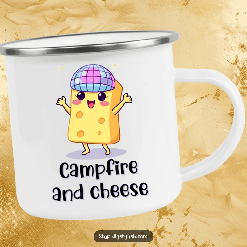 Funny camping mug with a cheese wedge dancing under a disco ball, perfect for outdoor parties and adventures.