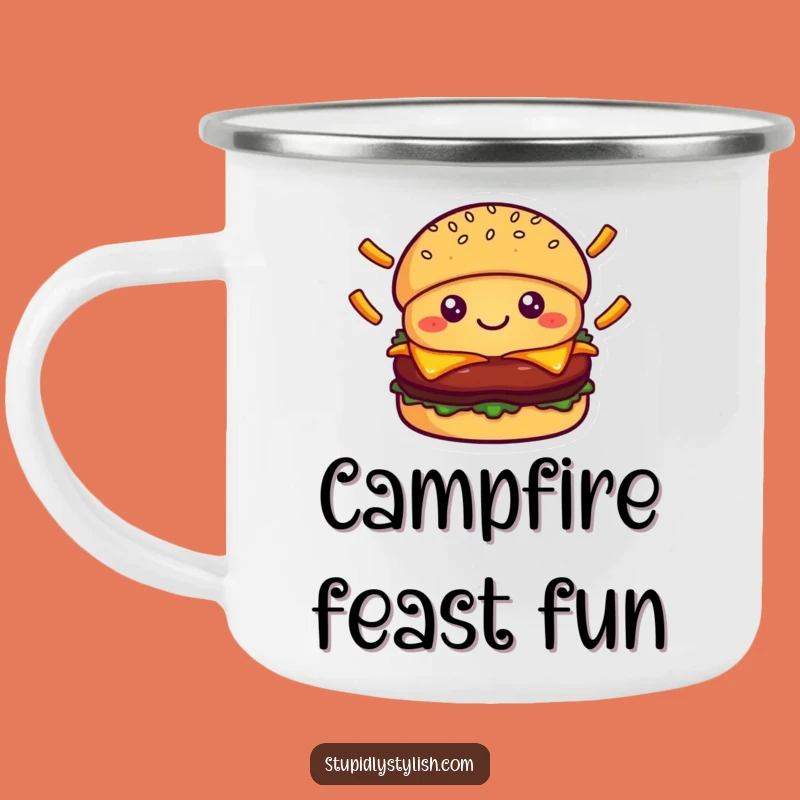 Funny Burger Juggling Fries Enamel Camping Mug - Foodie Humor Outdoor Gift