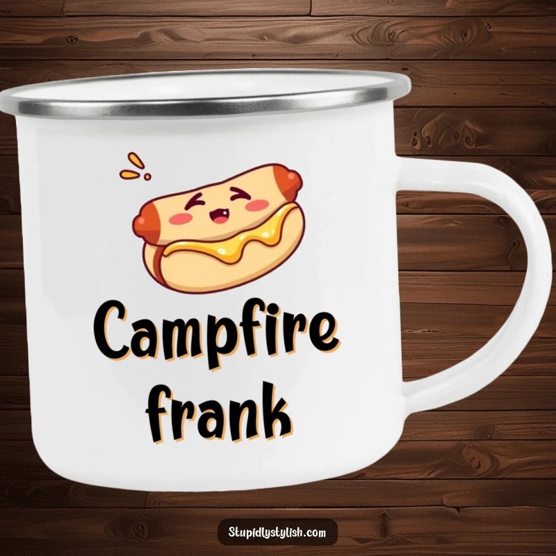 Funny camping mug with a confused hot dog in a bun, perfect for outdoor use and adding humor.