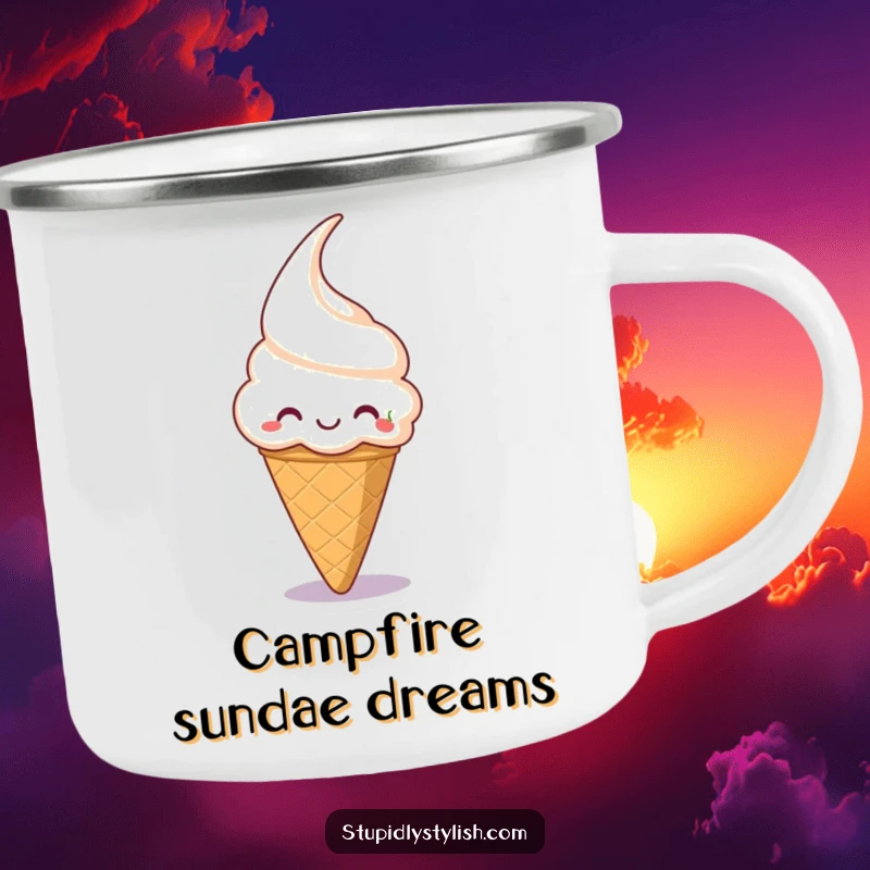 Funny camping mug featuring a grinning ice cream cone reaching for a cherry, perfect for sweet outdoor enjoyment.