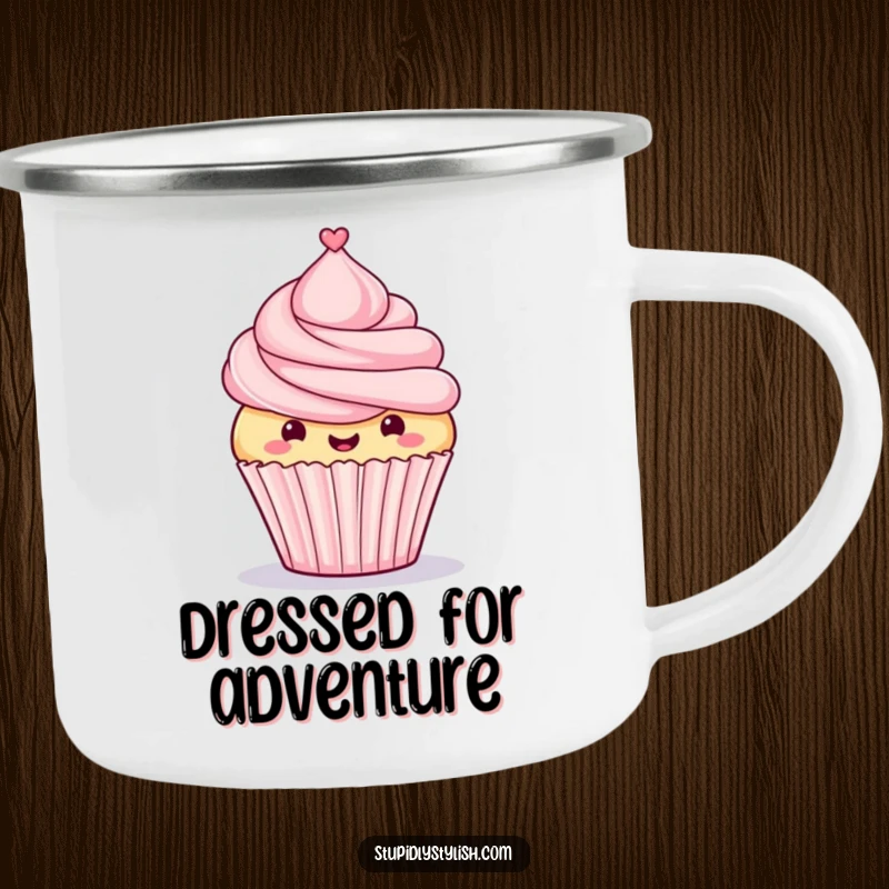 Funny camping mug featuring a proud cupcake with a tiny top hat, perfect for outdoor celebrations and dapper dessert humor.