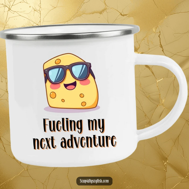 Funny camping mug featuring a tiny, giggling cheese wedge wearing oversized sunglasses, ideal for outdoor enjoyment and humor.