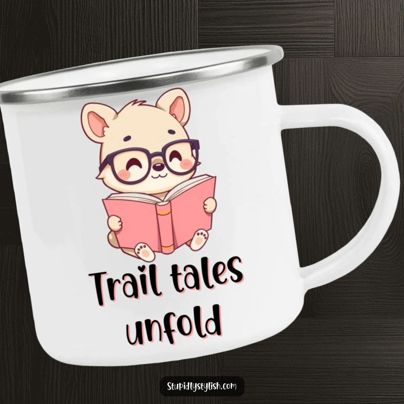 Cute animal character wearing tiny glasses, reading a giant book, perfect for a durable enamel camping mug with intellectual humor.