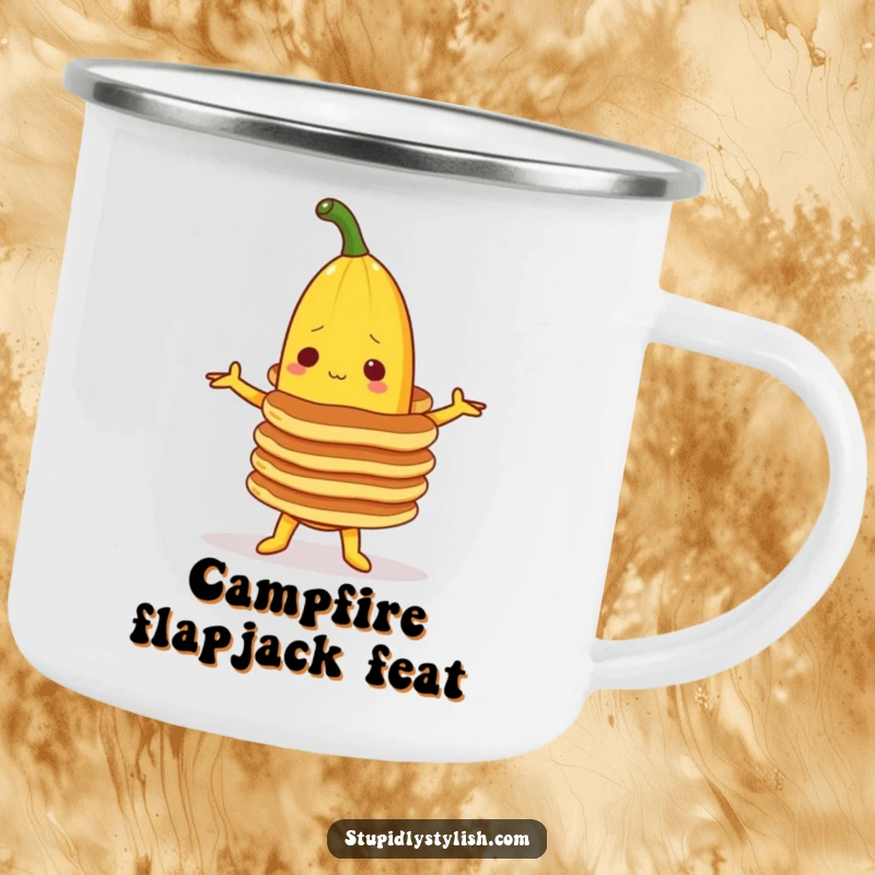 Funny camping mug with a banana character attempting to keep a stack of pancakes balanced, perfect for humorous outdoor dining.