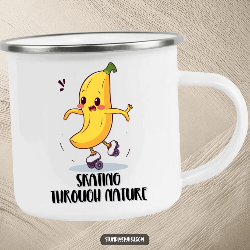 Funny camping mug showing a bewildered banana comically spinning out of control on roller skates, perfect for drinks anywhere with a humorous twist.