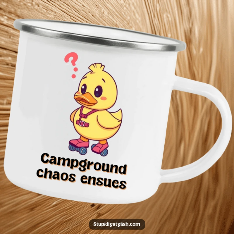 Funny camping mug with a confused rubber duck character on roller skates, perfect for spirited sips and embracing the unexpected.