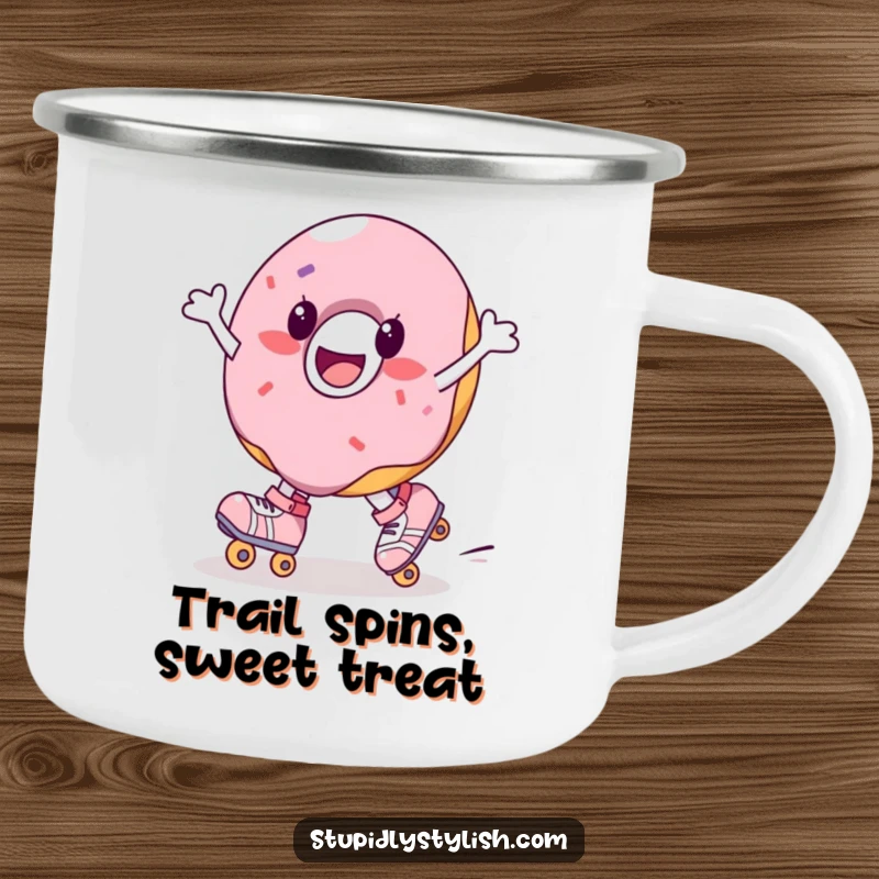 Funny camping mug with a joyful donut character on roller skates, spinning. For the sweet-loving adventurer.