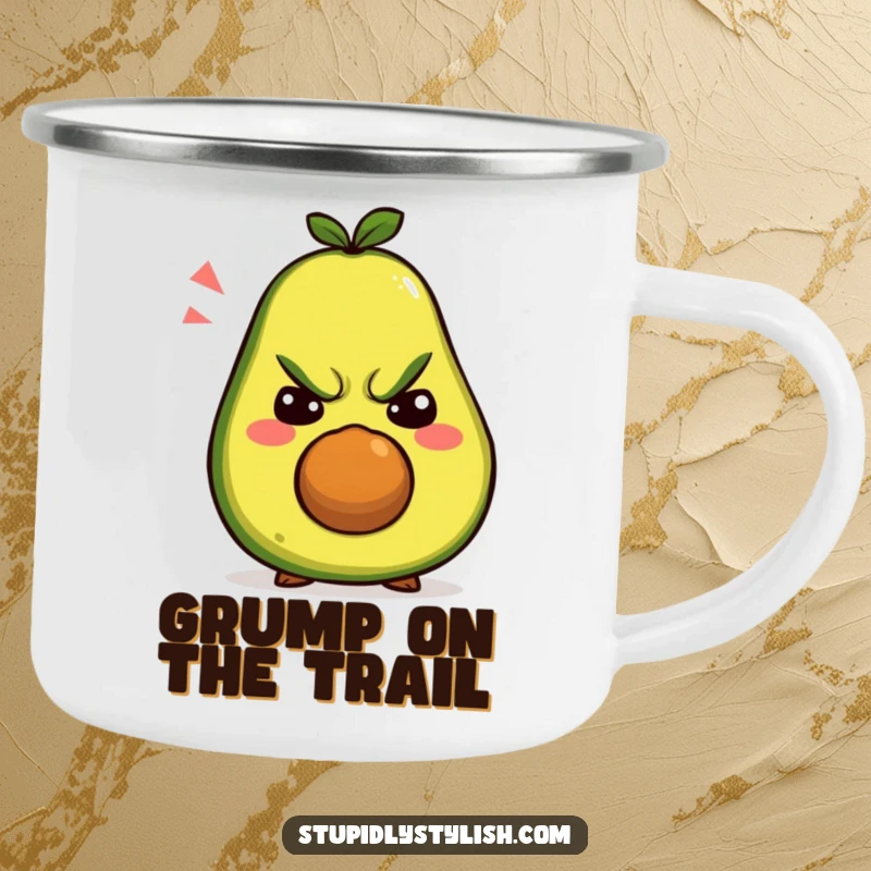 Funny camping mug: A grumpy avocado character making a hilarious array of silly faces, ready for any outdoor excursion.