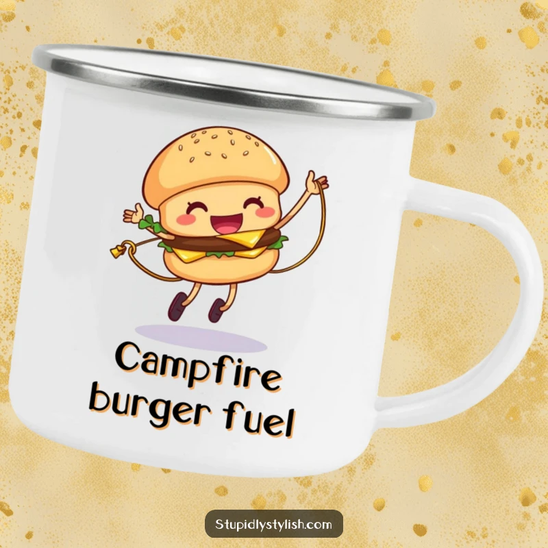 Funny Hamburger Camping Mug showing a giggling hamburger jumping rope with cheese, ready for outdoor fun.