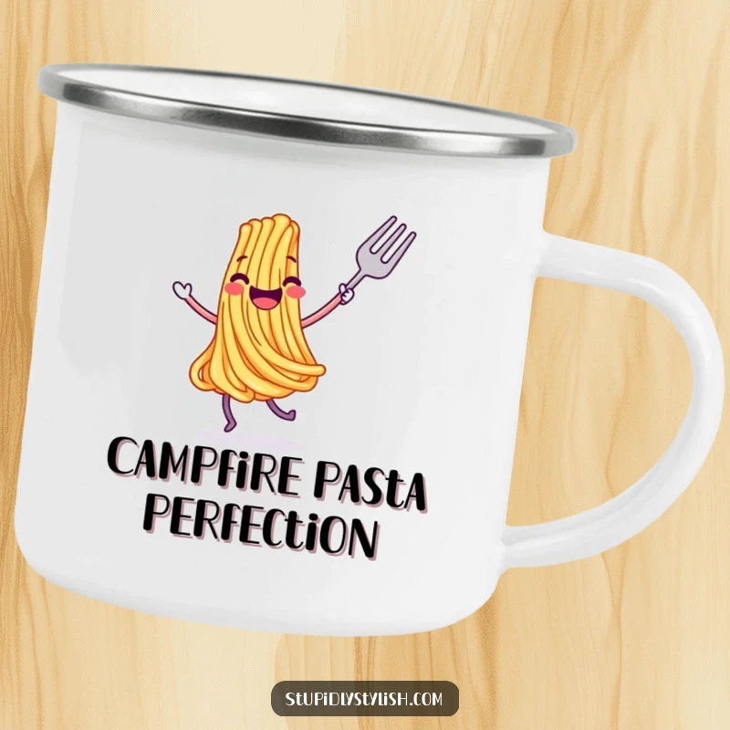Funny camping mug featuring a joyful, dancing spaghetti strand with a fork, perfect for outdoor meals and humorous enjoyment.