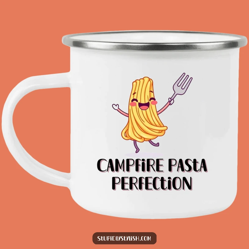 Funny Joyful Dancing Spaghetti Fork Camping Mug - Outdoor Hilarious Foodie Gift