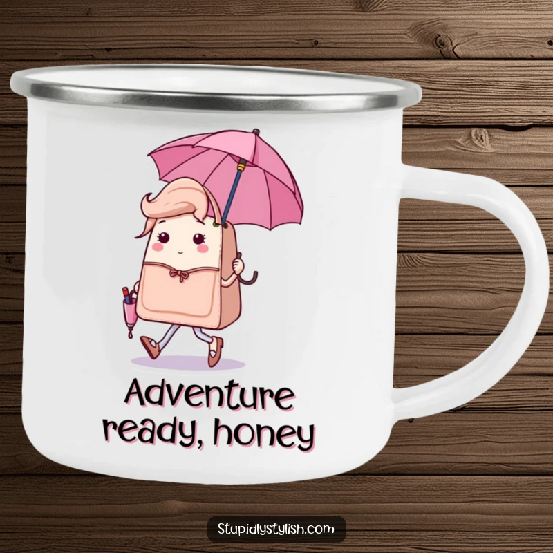 Funny camping mug showcasing a sassy handbag character strutting with a tiny, matching umbrella, perfect for stylish outdoor enjoyment.