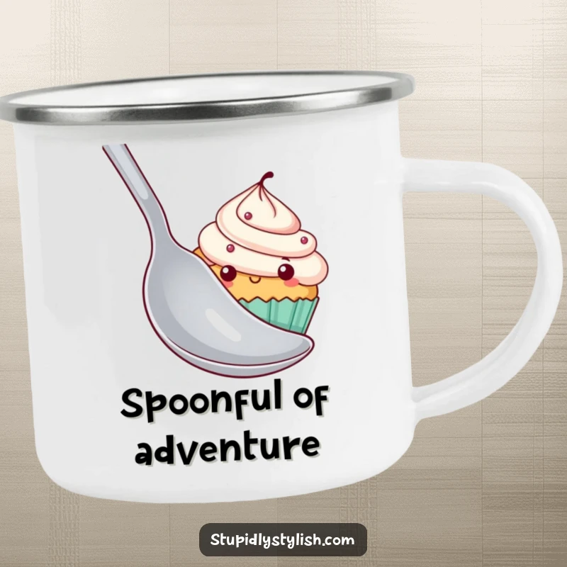 Funny shy cupcake camping mug with a character hiding behind a spoon, perfect for hot drinks on the go, adding cute humor.