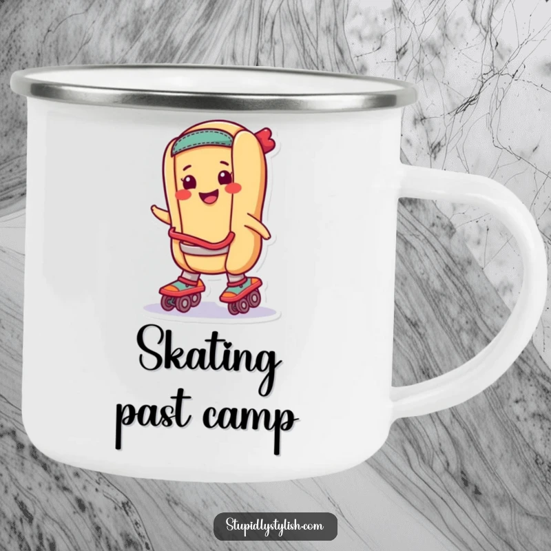Funny Camping Mug: A hot dog smiling on roller skates, perfect for outdoor fun.