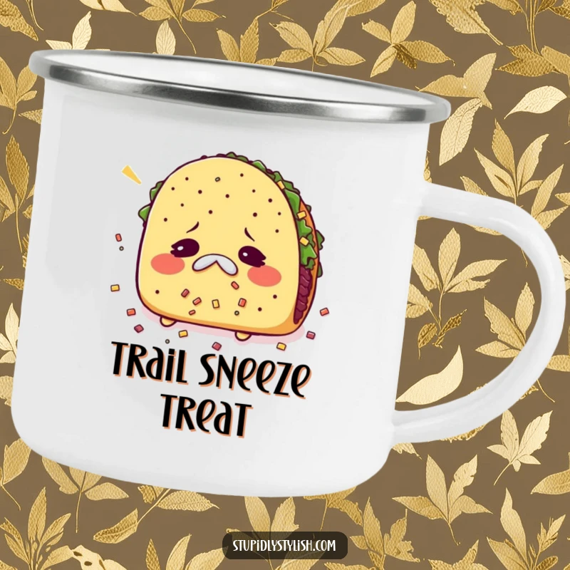 Funny camping mug with a sneezing taco scattering its fillings, perfect for outdoor meals and adding humor.