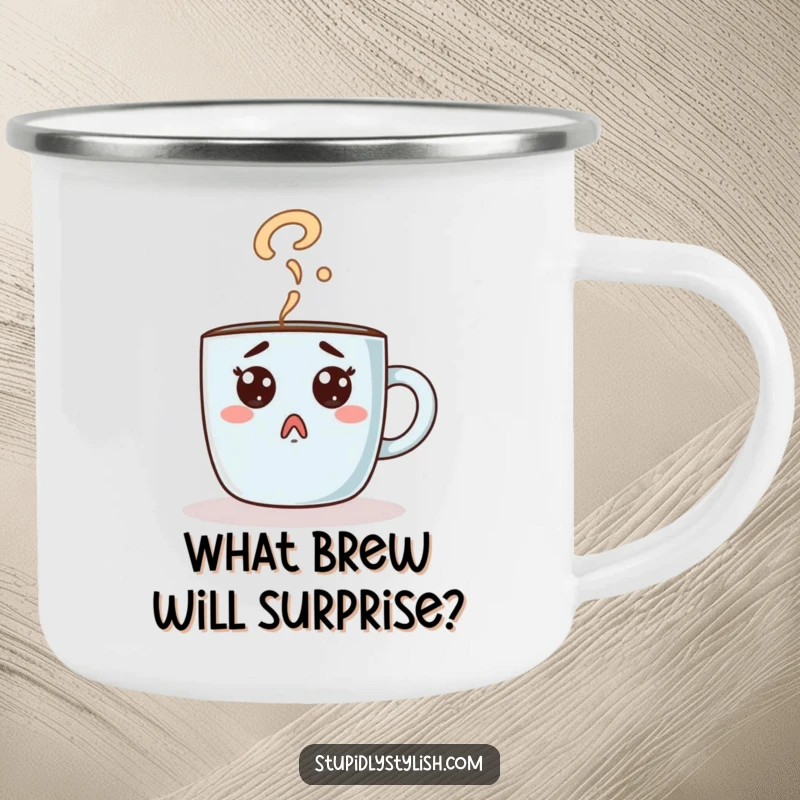 Funny camping mug featuring a surprised coffee mug with question mark steam. For the contemplative outdoors person.